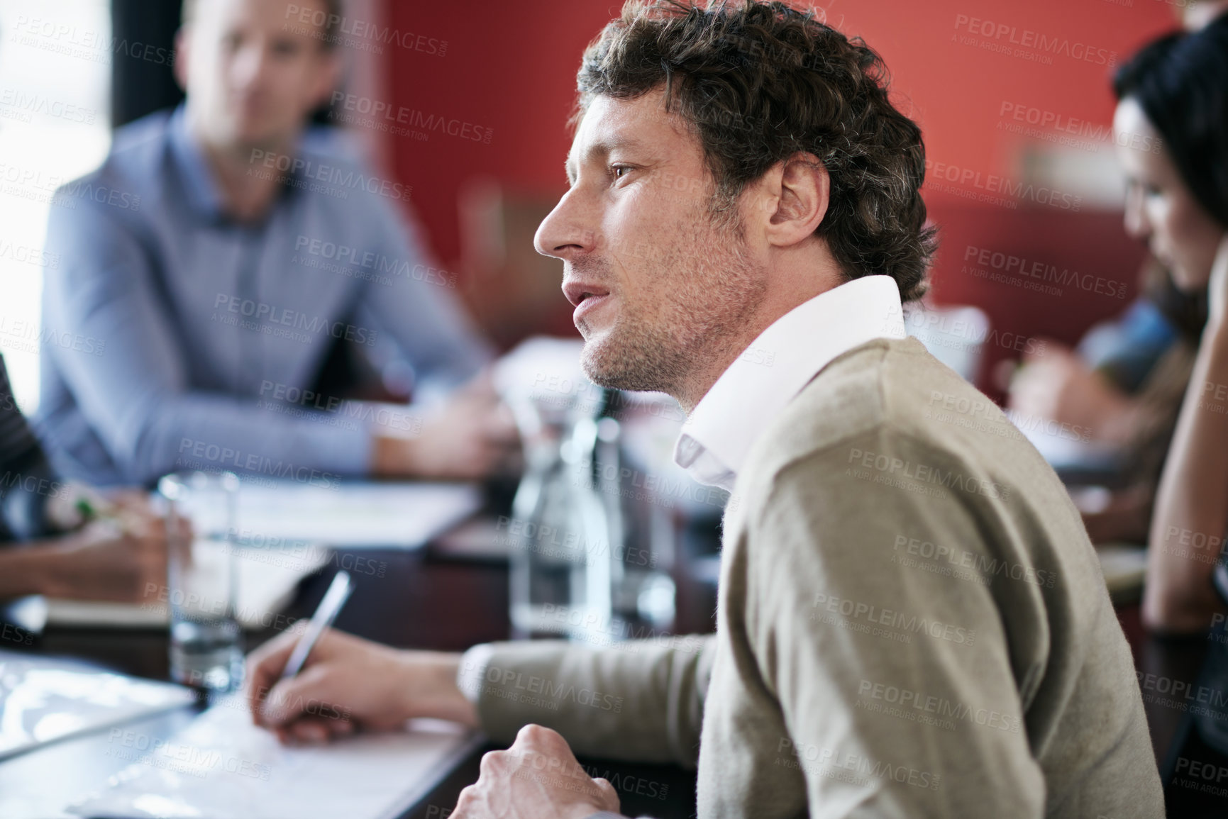 Buy stock photo Boardroom, notebook and man in meeting, listening and writing of ideas, report and discussion of employees. Creative, business and brainstorming for copywriting, project and collaboration of team