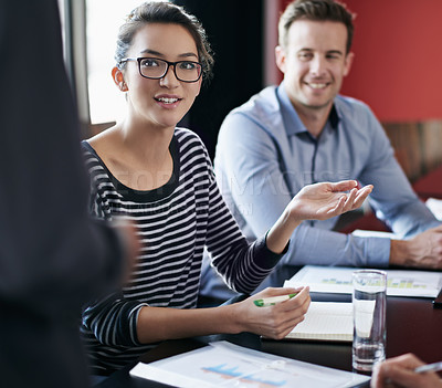 Buy stock photo Boardroom, employee and woman in meeting, suggestion and discussion with document and creative. Business, collaboration and female person talking, brainstorming and project, copywriter and startup