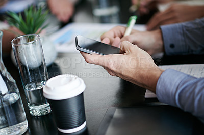 Buy stock photo Boardroom, phone and hands for notes, meeting and writing in journal, digital and app for information. Attorney, person and employee in legal office, agency and notebook for agenda of business