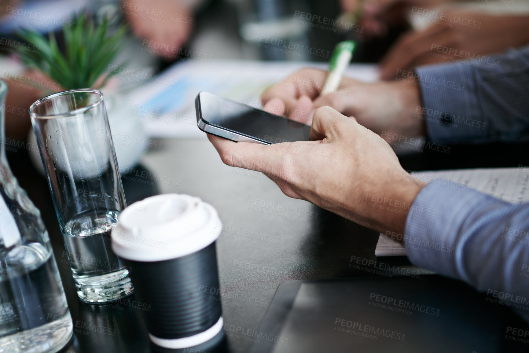 Buy stock photo Boardroom, phone and hands for notes, meeting and writing in journal, digital and app for information. Attorney, person and employee in legal office, agency and notebook for agenda of business