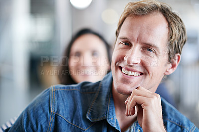 Buy stock photo Portrait, man and designer in office, creative and smile, workplace and agency or startup of business. Cool, confident and male person with pride, employee and staff in company, closeup and bokeh