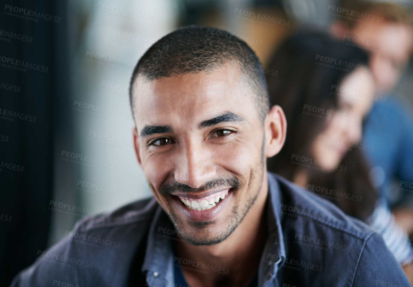 Buy stock photo Portrait, creative and man in office, happy and meeting with colleagues, copywriting and teamwork for project. Smile, employee and editor in agency, working and  coworkers for collaboration in deal