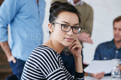 Buy stock photo Woman, portrait and meeting at startup, creative brainstorming with teamwork or workshop for ideas. Planning, vision and design project pitch with collaboration at digital agency or media company