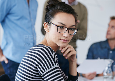 Buy stock photo Asian, woman in portrait and meeting at startup, creative brainstorming with teamwork or workshop. Planning, vision and design project with collaboration at Japanese digital agency or media company