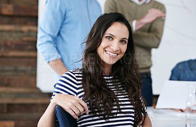 Buy stock photo Portrait, meeting and woman with smile, desk and creative with group, teamwork and planning for project. Design, agency and employee with happiness, leader and table for work, together and office