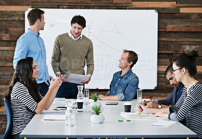 Buy stock photo Creative people, documents and meeting with team for startup, collaboration or planning in boardroom office. Group of happy employees in discussion with paperwork for brainstorming ideas at workplace