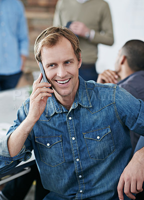 Buy stock photo Happy man, phone call and meeting with conversation in boardroom for networking or chatting at office. Creative male person with smile on mobile smartphone for communication or discussion in startup