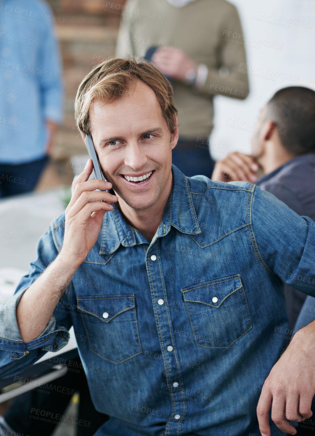 Buy stock photo Happy man, phone call and meeting with conversation in boardroom for networking or chatting at office. Creative male person with smile on mobile smartphone for communication or discussion in startup