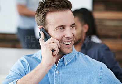 Buy stock photo Happy man, phone call and meeting with friendly discussion for conversation, communication or chat at office. Male person or creative employee talking on mobile smartphone for startup in boardroom