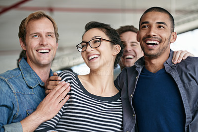 Buy stock photo Business people, group hug and laugh for celebration, success and smile together for solidarity in creative startup. Team, happy friends and funny designer with goal achievement, support or diversity