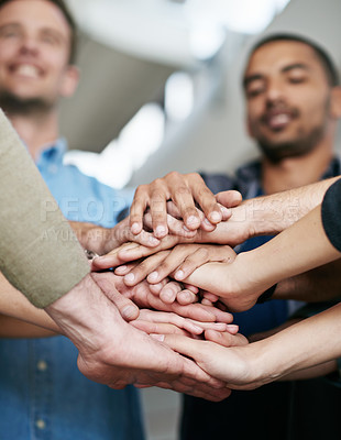 Buy stock photo People, team and unity with hands together at office for collaboration, synergy or agreement. Closeup of group or creative employees piling for motivation, help or startup in solidarity at workplace