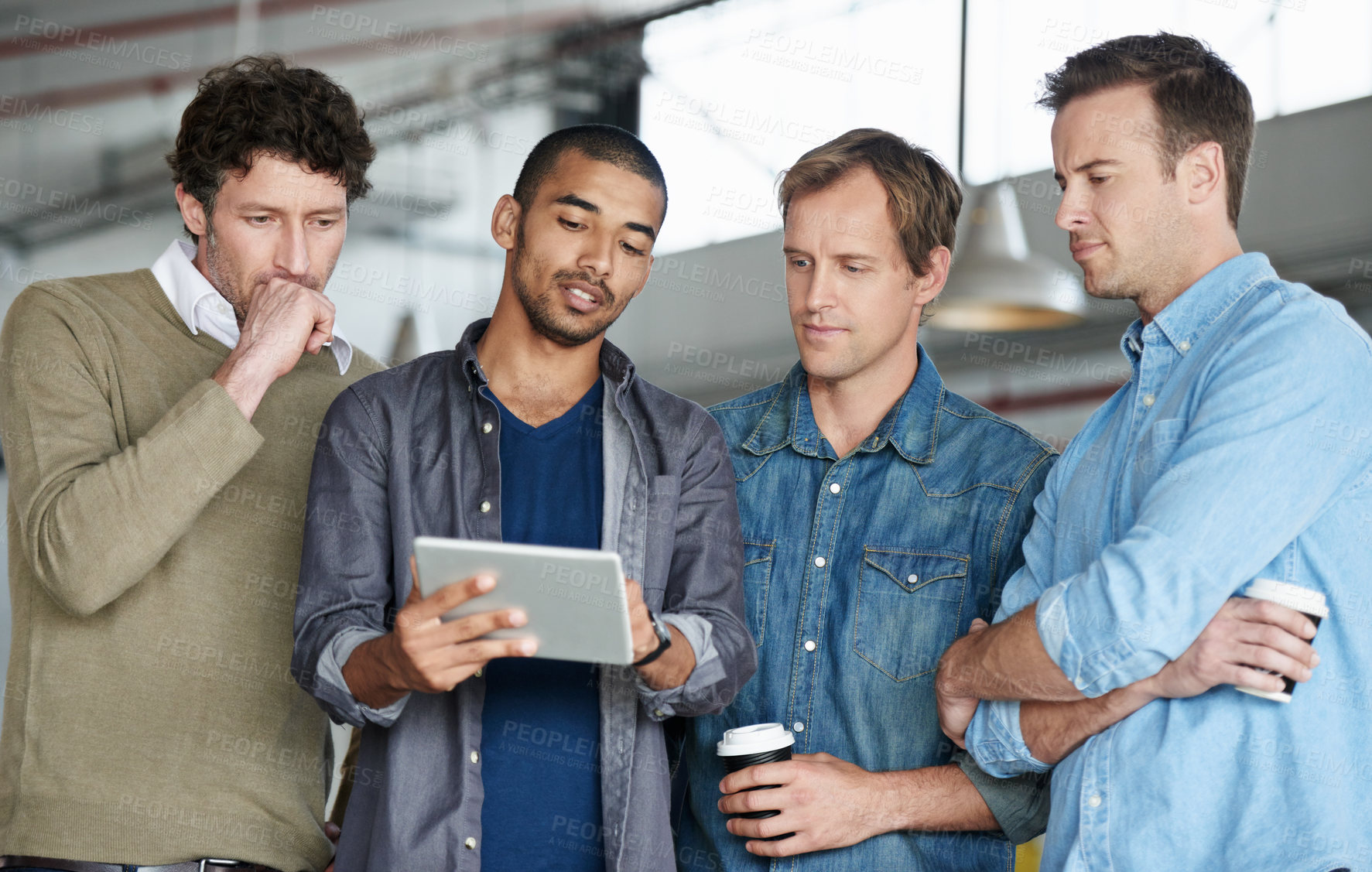 Buy stock photo Creative man, meeting and group with tablet for collaboration, presentation or research at office. Team of employees listening to speaker or presenter on technology for startup together at workplace