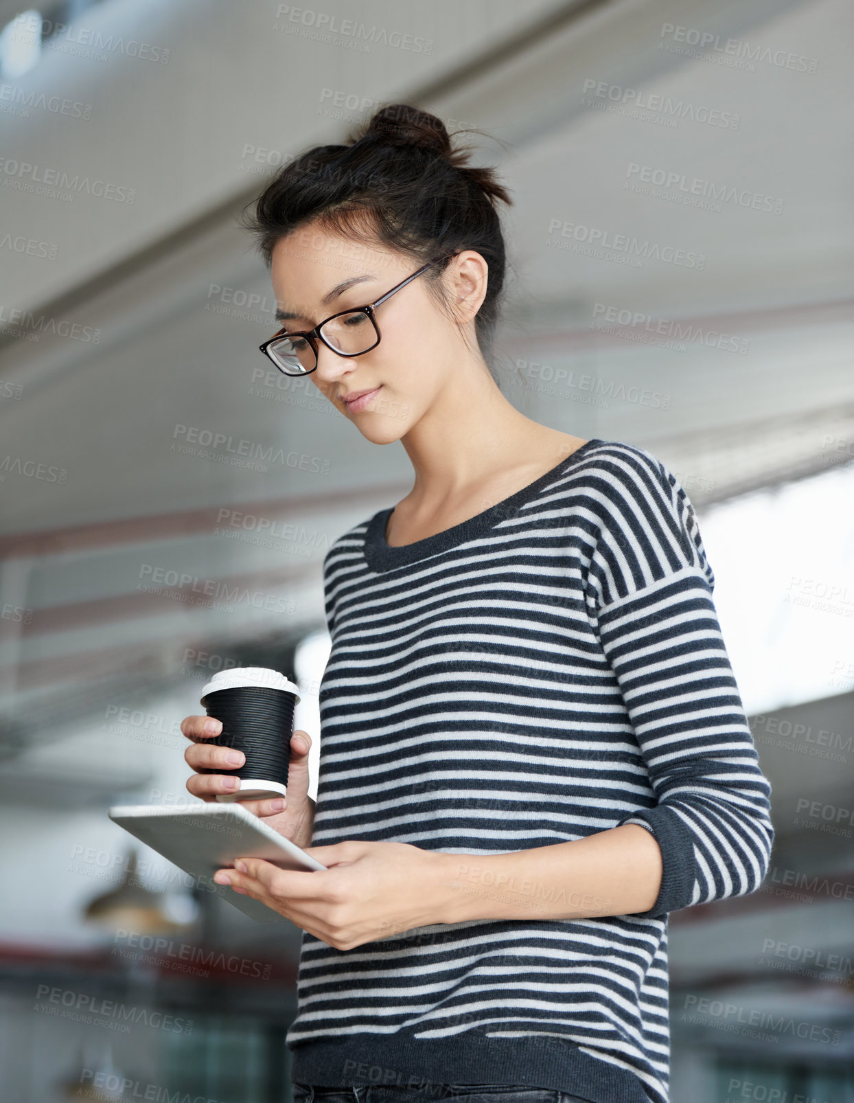 Buy stock photo Creative, employee and woman with coffee, tablet and reading in website, working and news for work. Online, research and network for internet, project and tea to drink for worker, design and business