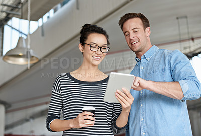 Buy stock photo Happy people, creative and pointing with tablet in social media, research or communication at office. Young man and woman with smile on technology for scrolling, online search or startup at workplace