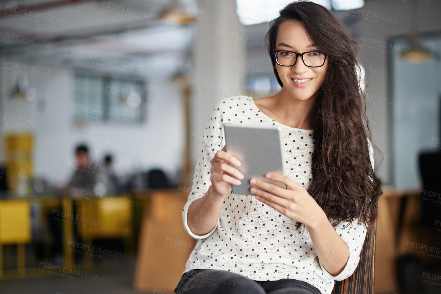 Buy stock photo Happy, woman and office in chair with tablet for break on internet or online for research as graphic designer. Portrait, smile and browse website for projects, creativity and ideas for design agency