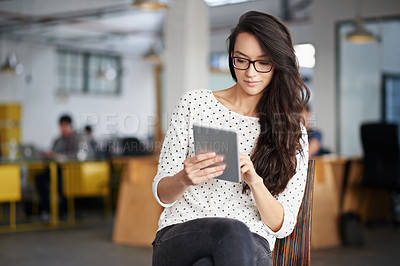 Buy stock photo Woman, employee and chair with tablet in open space for break on internet or online for research as graphic designer. Office, browse and website for projects creativity or ideas for design agency