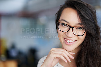 Buy stock photo Portrait, smile and glasses for woman, face and confidence as creative with vision, professional and hand. Proud, female employee and happiness for project in agency, eyewear and business of startup