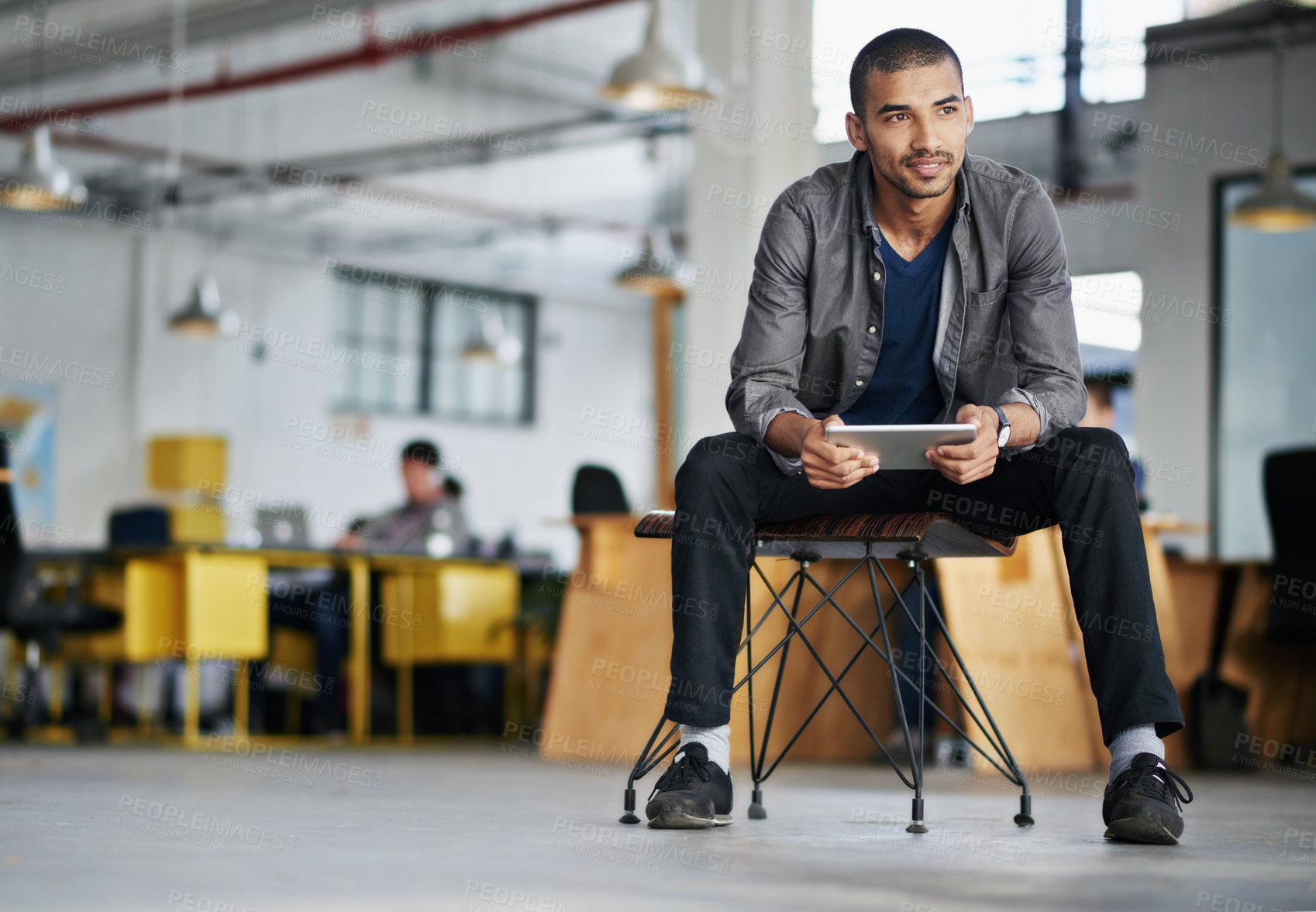 Buy stock photo Creative, startup or man with a tablet, thinking or planning with ideas, opportunity or solution. Male person, business owner or entrepreneur with technology, problem solving with a decision or smile