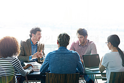 Buy stock photo Talking, planning and business people in a morning meeting for work schedule, agenda or ideas. Serious, team and a group of lawyers in a discussion about a legal strategy negotiation together