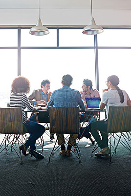Buy stock photo Discussion, planning and team of business people in the office boardroom brainstorming for a project. Collaboration, professional and group of employees in a creative meeting in the modern workplace.