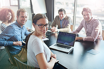 Buy stock photo Meeting, teamwork and portrait of business woman leader and team happy for success in a tech agency or startup. Teamwork, group and corporate people planning a growth strategy, project and proposal