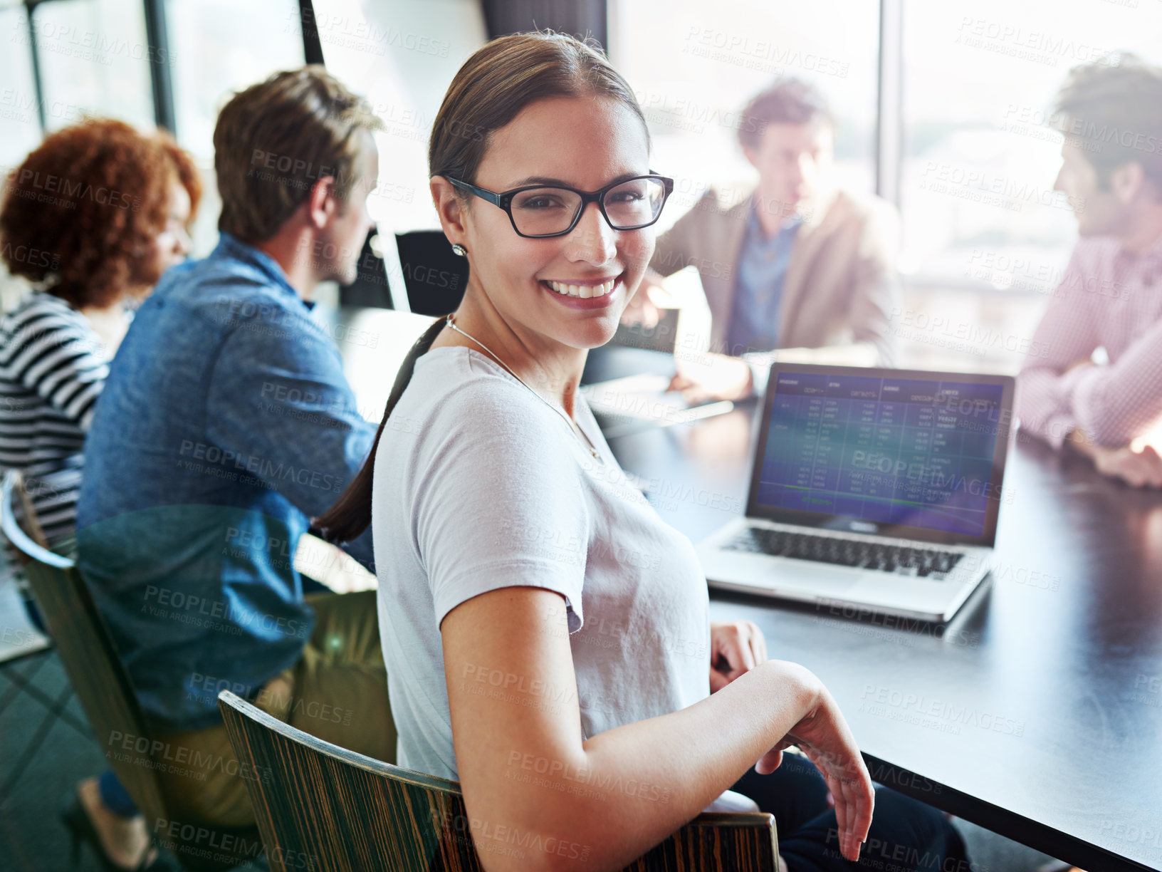 Buy stock photo Smile, portrait and a woman in a meeting with a laptop for planning, teamwork or work agenda. Happy, corporate and lawyers in a boardroom for business training, workshop or seminar together in office