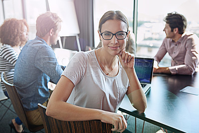 Buy stock photo Creative, woman and portrait in meeting at conference room with management of online magazine. Editor, thinking and feedback with teamwork, collaboration and chat about planning project or article