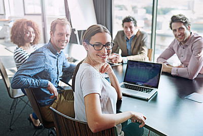 Buy stock photo Meeting, boardroom and portrait of business development team happy for success in a tech agency or startup. Teamwork, group and corporate people planning a growth strategy, project and proposal