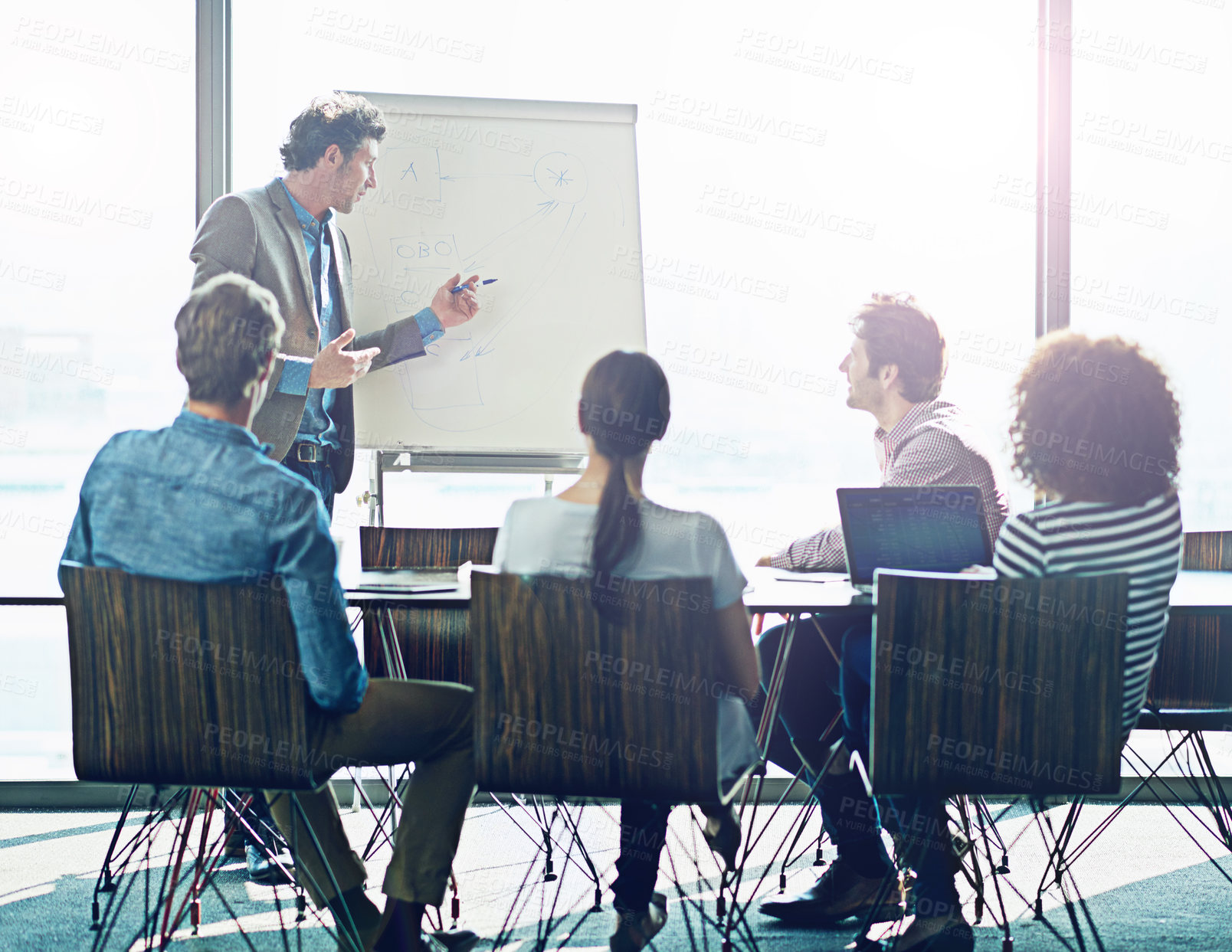 Buy stock photo Meeting, presentation and whiteboard with a business man in the boardroom for training, coaching or education. Workshop, management or leadership with a male employee talking to his team in an office