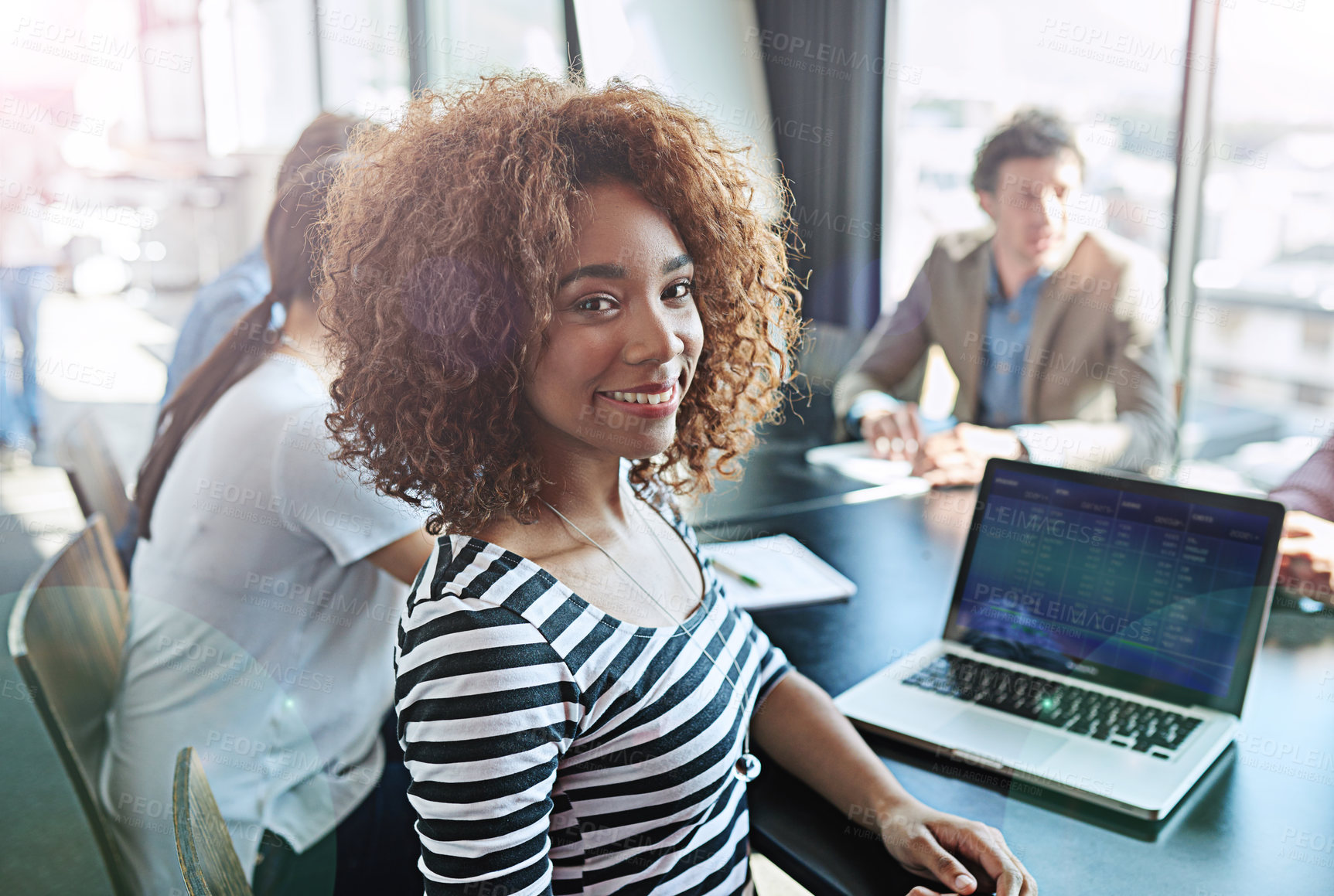 Buy stock photo Creative, woman and portrait in meeting at conference room with management of online magazine. Editor, thinking and feedback with teamwork, collaboration and chat about planning project or article