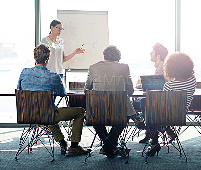 Buy stock photo Planning, talking and business people with a presentation in a meeting for brainstorming. Training, workshop and employees speaking about project management, strategy or teaching sales to workers
