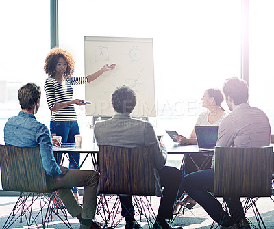 Buy stock photo Meeting, presentation and whiteboard with a business black woman in the boardroom for training, coaching or education. Workshop, management or leadership with a female employee talking to her team