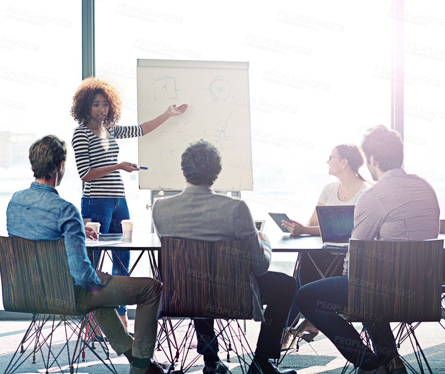 Buy stock photo Meeting, presentation and whiteboard with a business black woman in the boardroom for training, coaching or education. Workshop, management or leadership with a female employee talking to her team