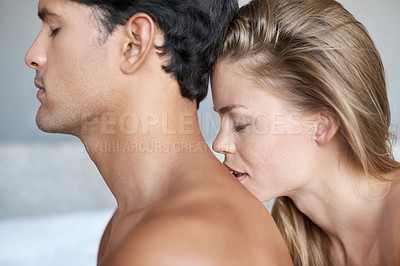 Buy stock photo Back, kiss and couple in house with sex, love and romantic foreplay for intimate bonding at home together. Erotic, desire and people in bedroom with playful, passion or physical touch on vacation