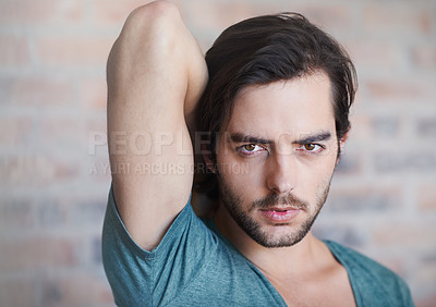 Buy stock photo Portrait, man or skincare by brick wall or background for aesthetic, confidence or facial glow. Relax, beauty or face of serious male model with pride, health or natural results isolated for wellness