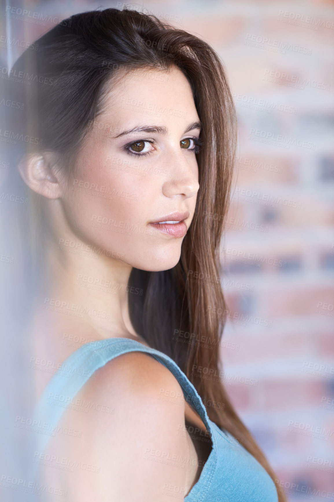 Buy stock photo Brick wall, thinking and woman with idea, doubt or planning future choice on background. Dream, inspiration or girl with vision for decision, brainstorming or problem solving for solution to question