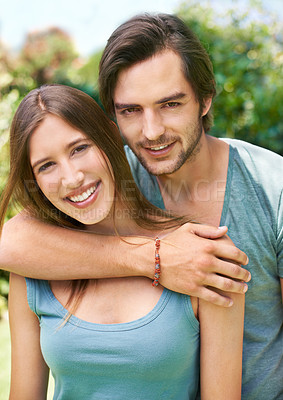 Buy stock photo Couple, portrait and nature hug or together for relationship, bonding and love with care for outside date or romance. People, commitment and summer holiday with support, happy and smile for embrace