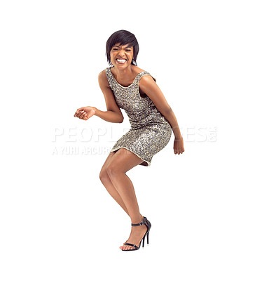 Buy stock photo Dance, excited and portrait of black woman in sequin dress for party, celebration or smile on white background. Happy, fashion and elegant girl in studio with classy style, modern outfit or sparkle