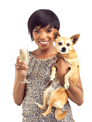 Buy stock photo Champagne portrait, dress and black woman with dog, sequins and model isolated on white studio background. African person, face and girl with pet, fashion and animal with stylish clothes and alcohol