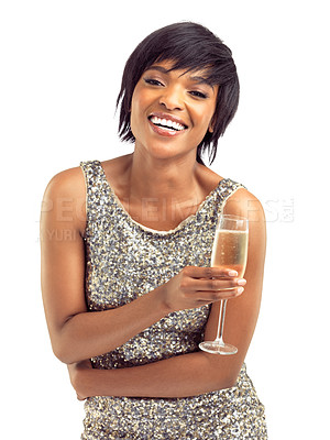 Buy stock photo Fashion, smile and black woman with champagne in studio for celebration, cheers and party. Portrait, event and African girl with classy sequin dress for drinking sparkling wine by white background.