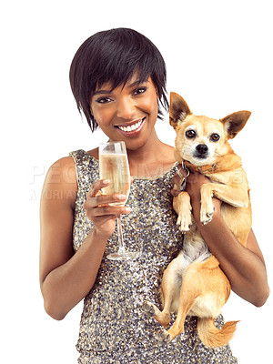 Buy stock photo Portrait, sequins dress and black woman with dog, alcohol and model isolated on white studio background. African person, face and girl with pet, fashion and puppy with stylish clothes and champagne