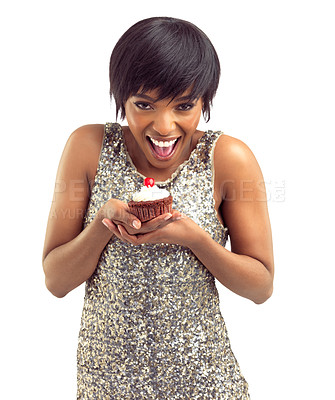 Buy stock photo Happy, woman and portrait with cupcake in studio for sugar snack, sweet dessert and junk food. Chocolate, frosting and excited person with cherry for unhealthy, nutrition and cake on white background