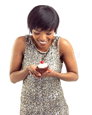 Buy stock photo Happy, woman and thinking with cupcake in studio for sugar snack, sweet dessert and junk food. Chocolate, frosting and female person with cherry for unhealthy, cake and nutrition on white background