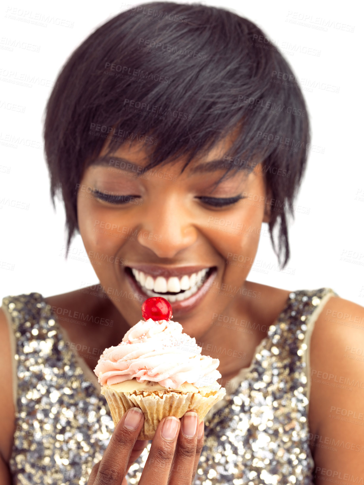 Buy stock photo Happy, woman and excited with cupcake in studio for sugar treat, sweet snack and junk food. Cherry, frosting and female person with cake for unhealthy, dessert and nutrition on white background