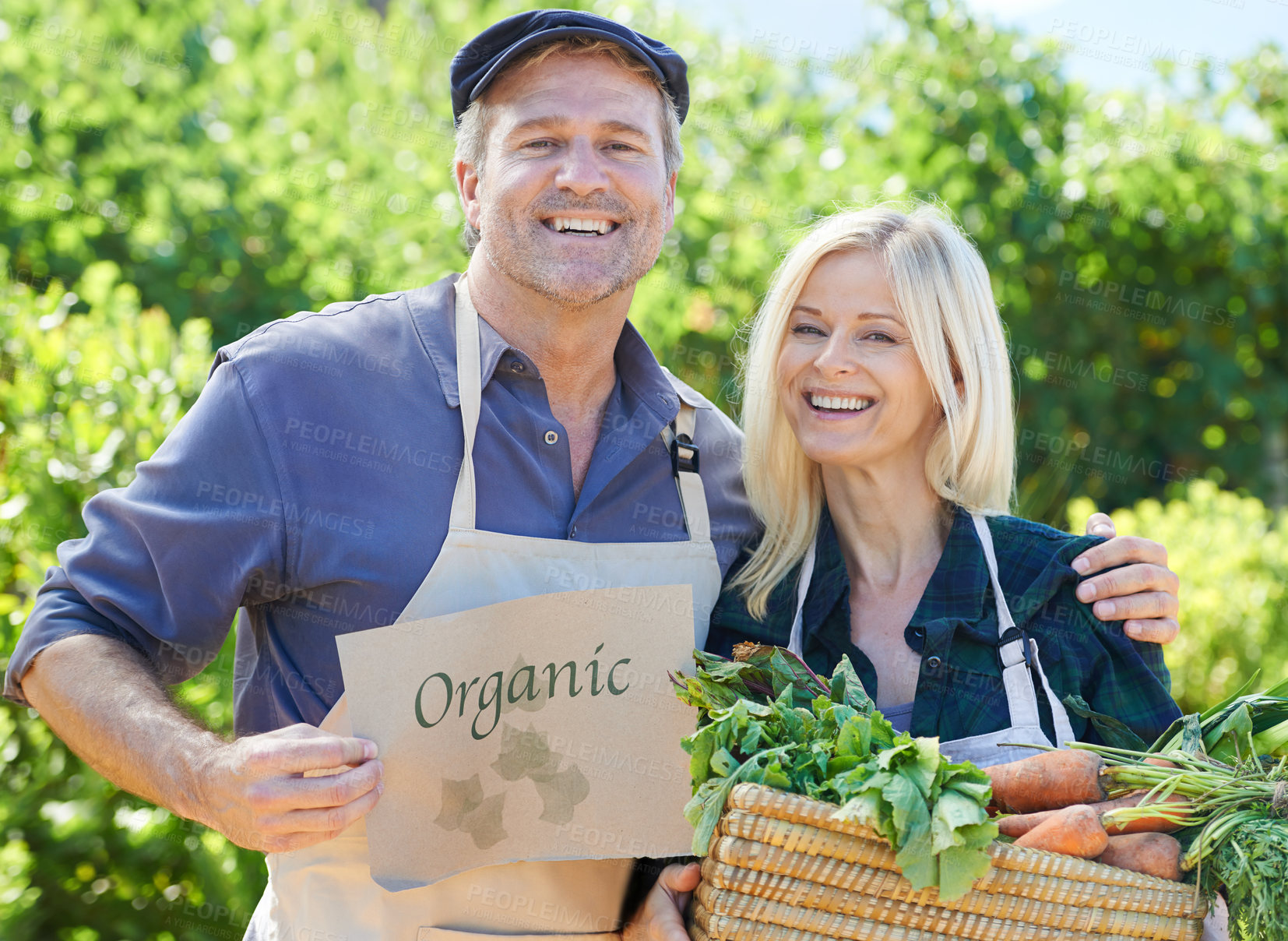 Buy stock photo Mature couple, portrait and pride for organic, vegetables and nutrition in garden together. Man, woman and happy for sustainability, eco friendly and farming for vegan diet with food in environment