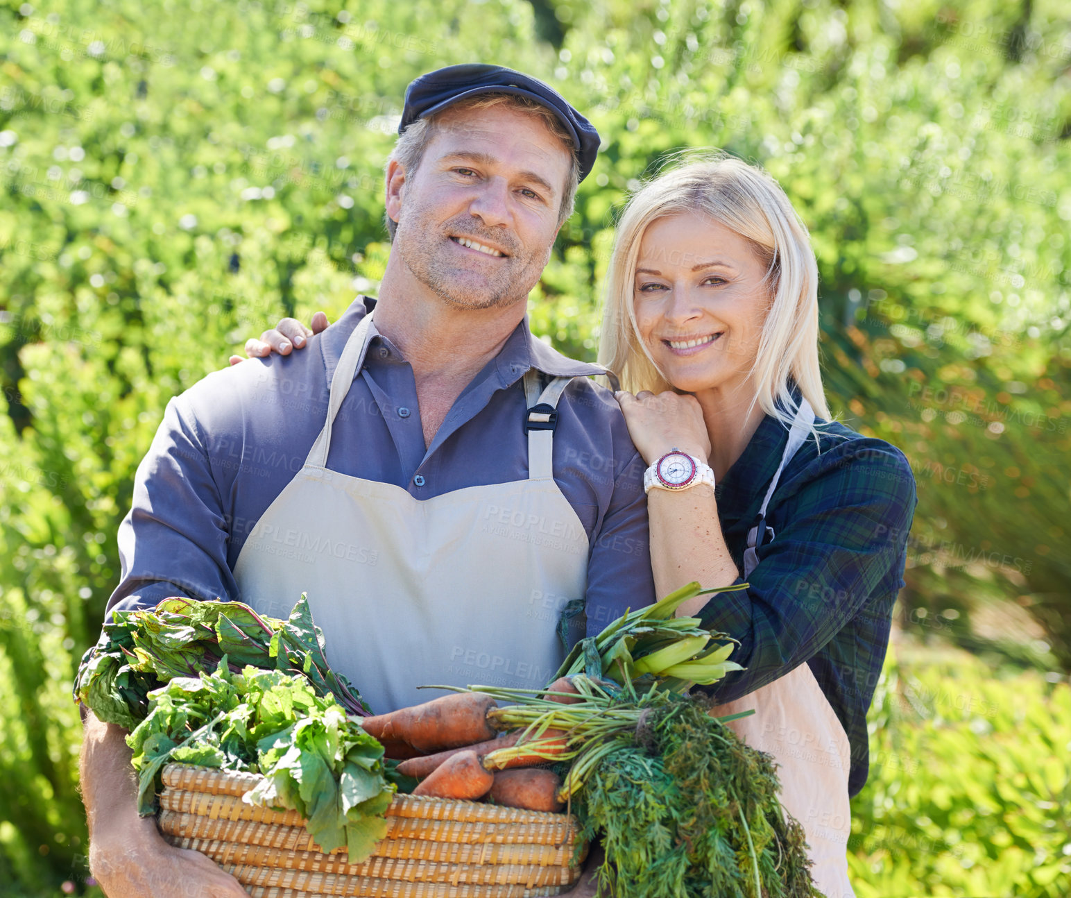 Buy stock photo Portrait, mature couple and happy on farm with vegetables, nutrition and gardening together. Man, woman and eco friendly with harvest for sustainability and smile for vegan diet in environment 