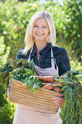 Buy stock photo A mature woman holding a basket of fresh vegetables
