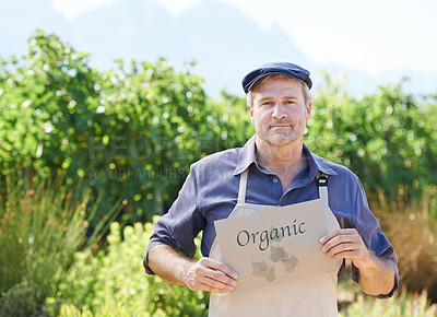 Buy stock photo A mature farmer holding an organic sign while standing outdoors