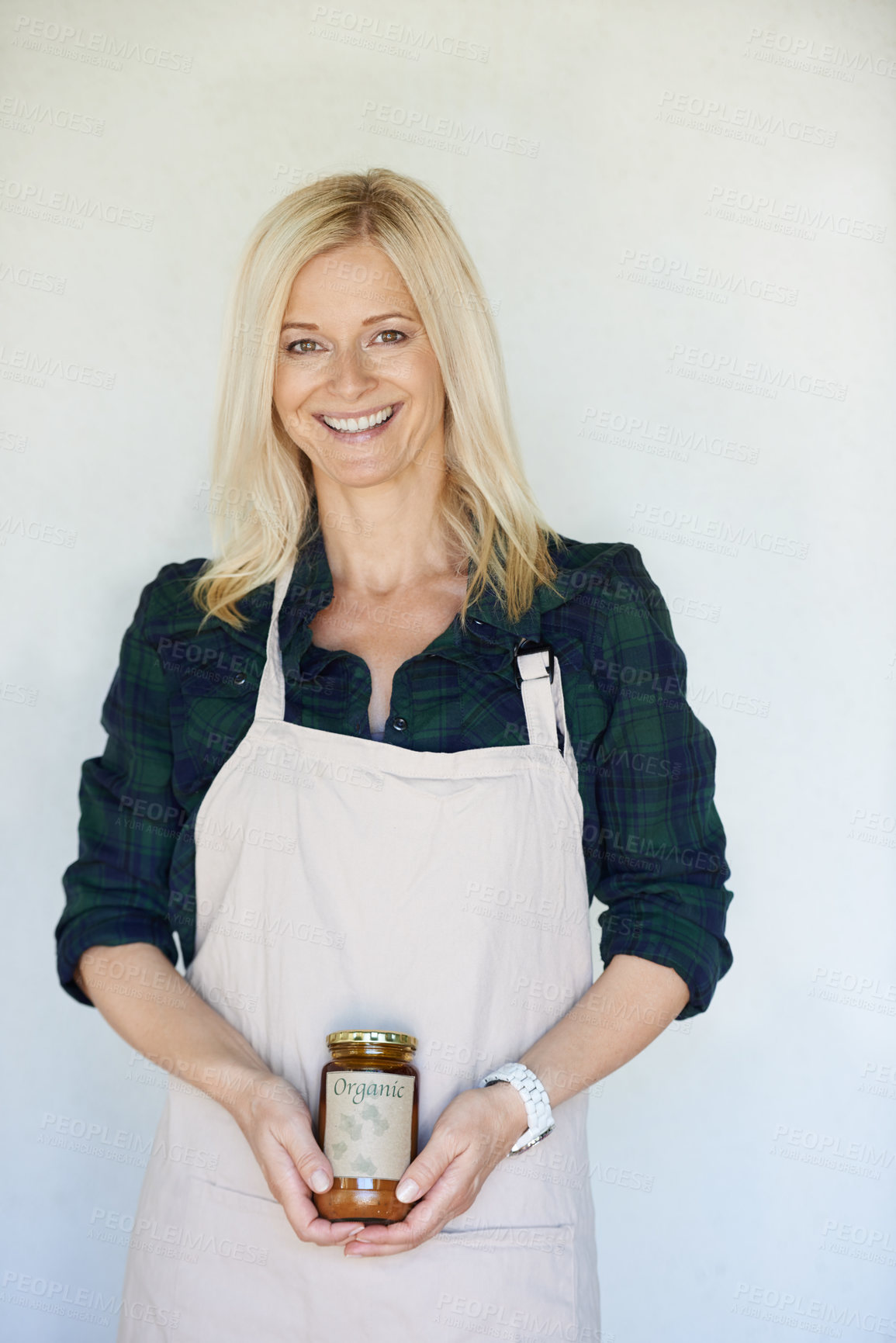 Buy stock photo Woman, portrait and happy with organic jam for biodiversity,  sustainability and eco friendly in home. Preserver, smile and natural fruit spread for health, quality and wellness on white background