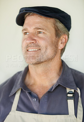 Buy stock photo Man, farmer or closeup with smile and thinking for career, natural or mindful for export. Male entrepreneur, wall background or confidence in idea for agriculture, sustainable business in France